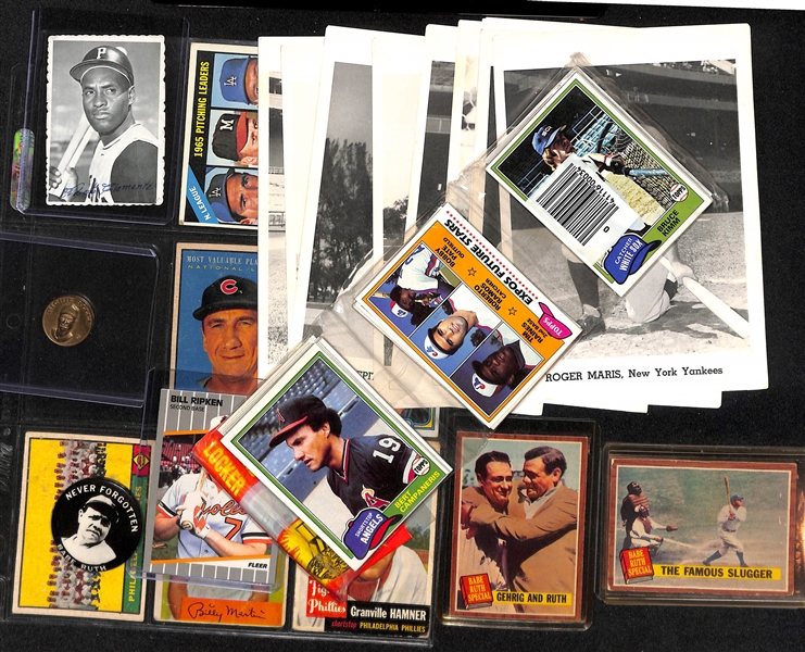  Vintage Baseball Card, Photo & Pin Lot w. Ripken Error FF Card & Babe Ruth Mirror Back Button
